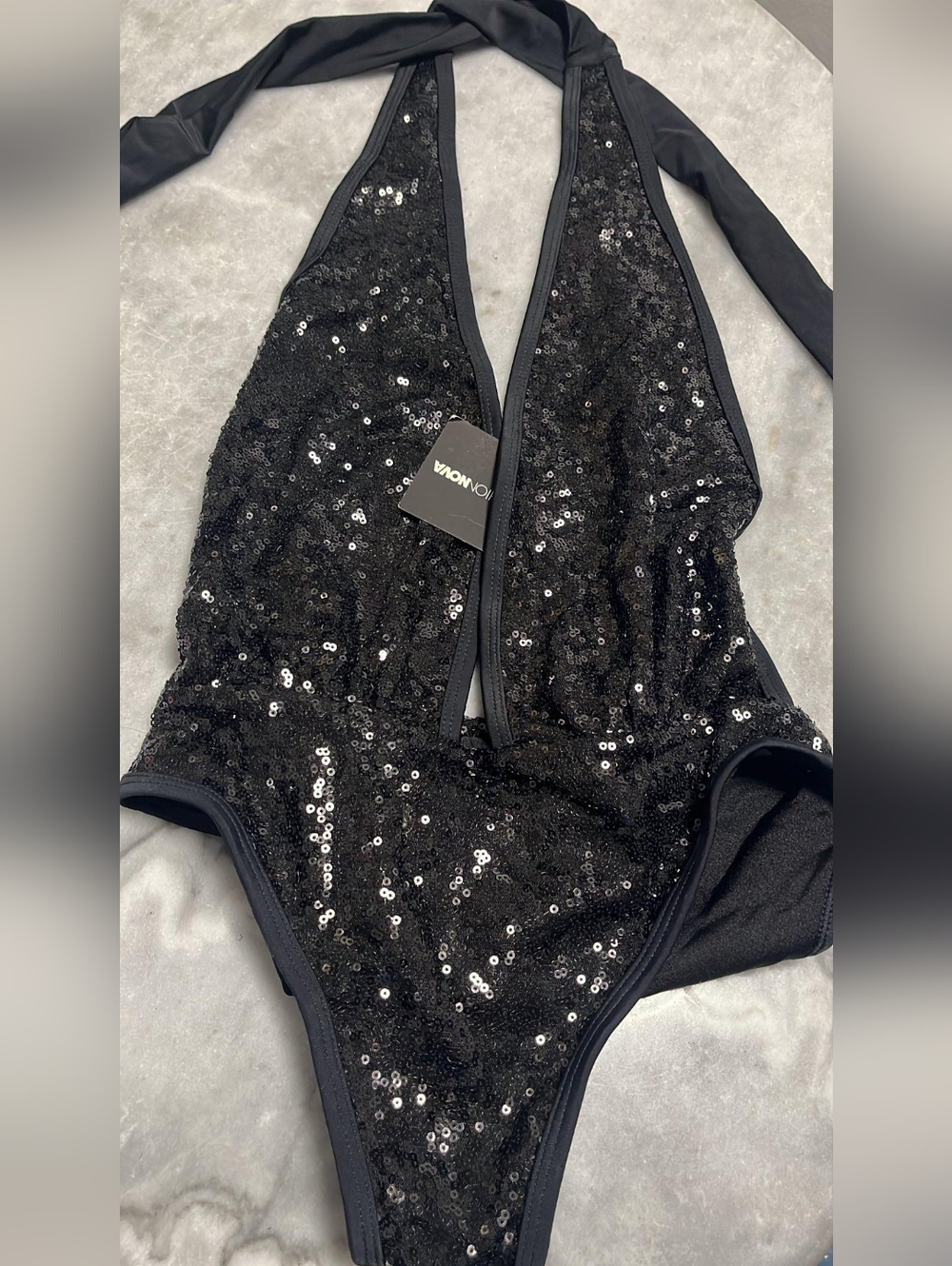 Fashion Nova Black Sequin Deep V Bodysuit - Picture 4 of 5